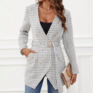 Black and White Preppy Womens Plaid Print Belted Coat